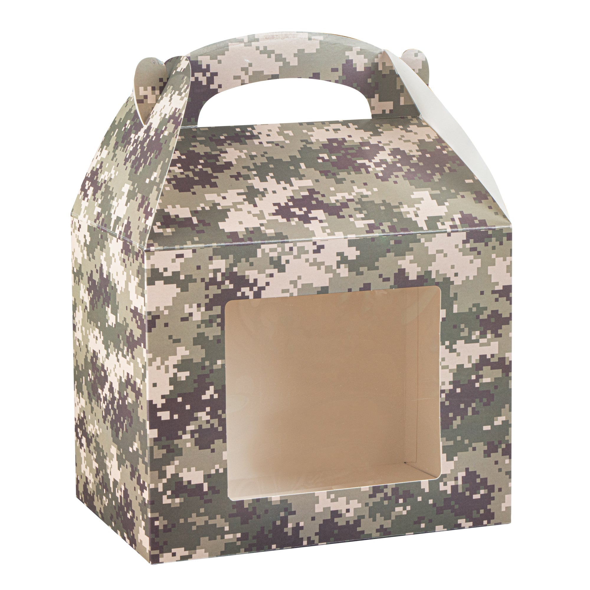 Bio Tek Camouflage Paper Gable Box / Take Out Container - with Window - 10" x 7" x 8" - 25 count box