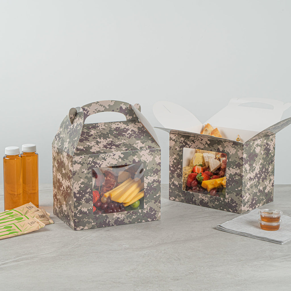 Bio Tek Camouflage Paper Gable Box / Take Out Container - with Window - 10" x 7" x 8" - 25 count box