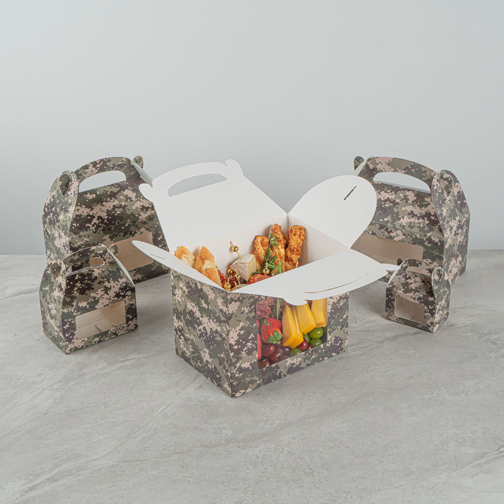 Bio Tek Camouflage Paper Gable Box / Take Out Container - with Window - 10" x 7" x 8" - 25 count box