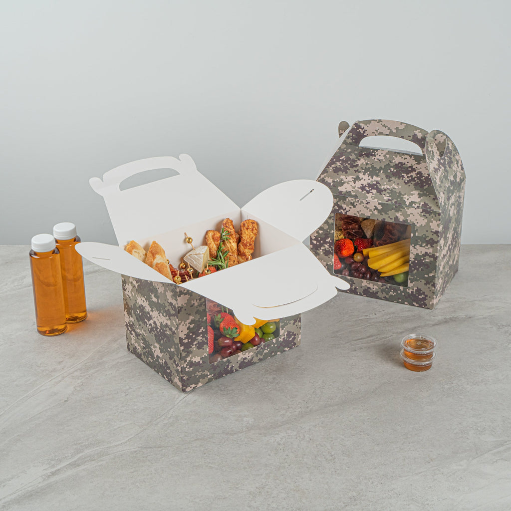 Bio Tek Camouflage Paper Gable Box / Take Out Container - with Window - 10" x 7" x 8" - 100 count box
