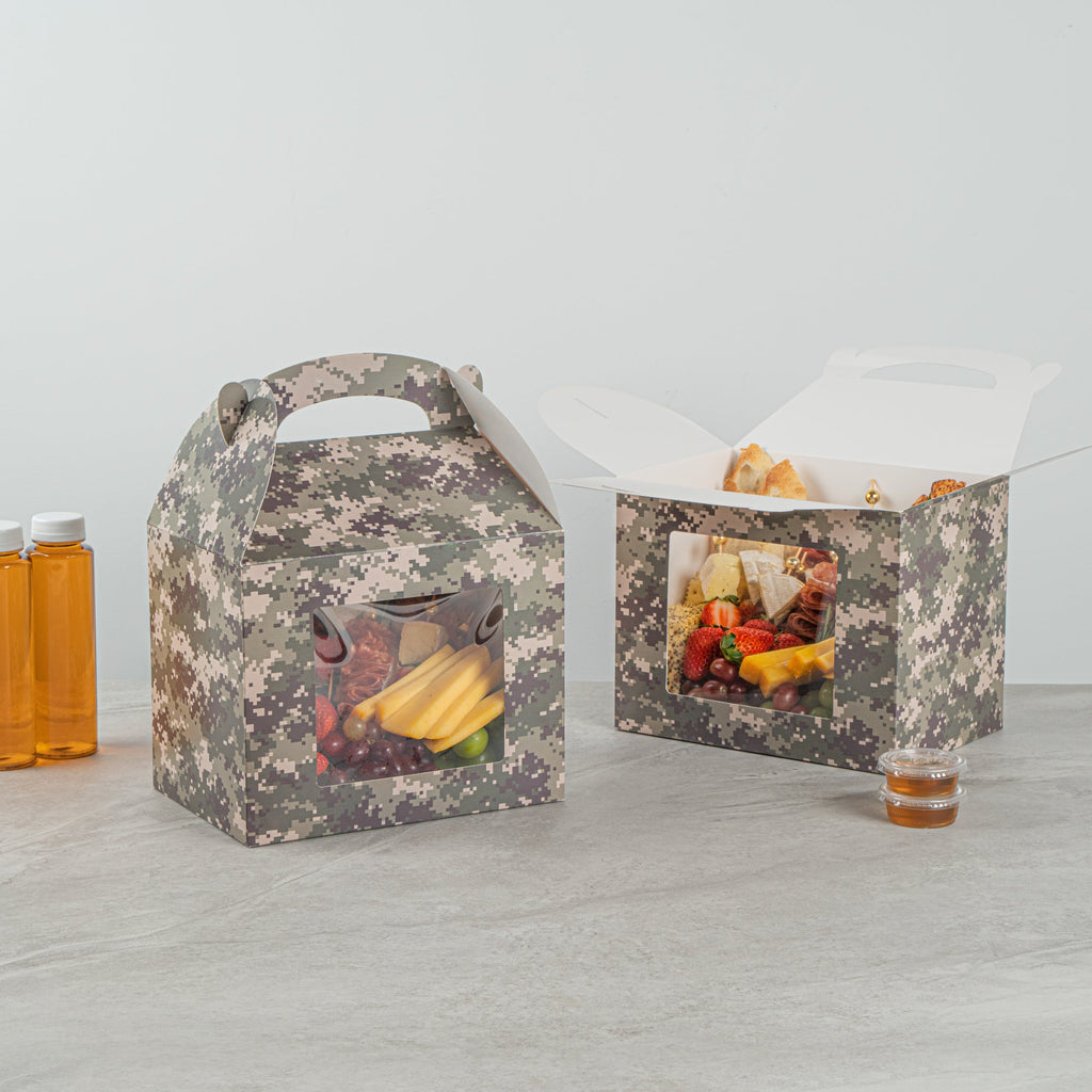 Bio Tek Camouflage Paper Gable Box / Take Out Container - with Window - 10" x 7" x 8" - 100 count box