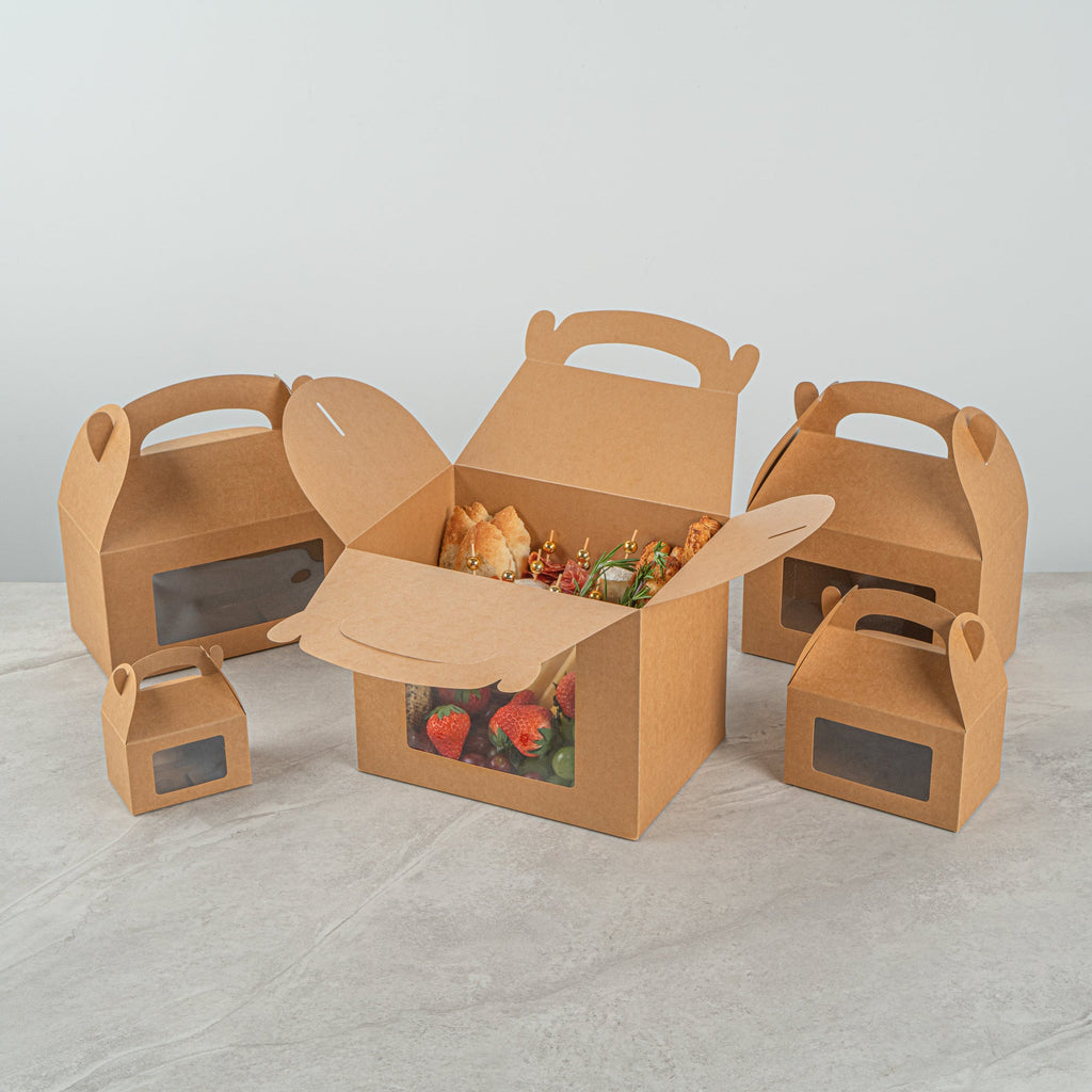Bio Tek Kraft Paper Gable Box / Take Out Container - Greaseproof, with Window - 10" x 7" x 8" - 100 count box