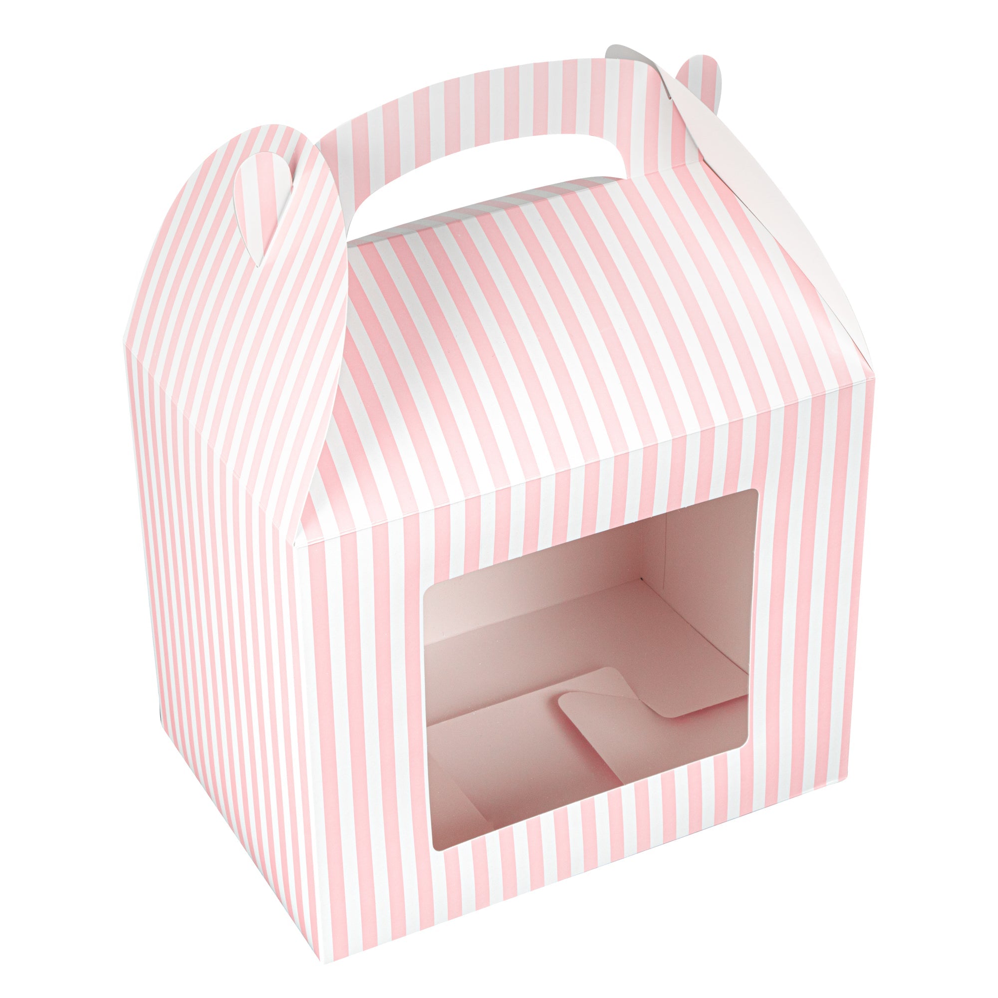 Bio Tek Pink and White Stripe Paper Gable Box / Take Out Container - with Window - 10" x 7" x 8" - 100 count box