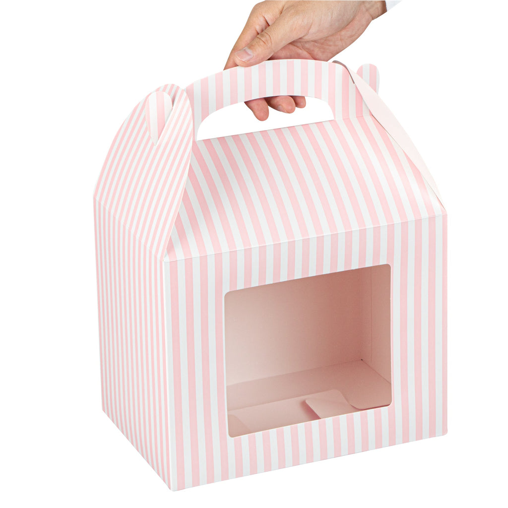 Bio Tek Pink and White Stripe Paper Gable Box / Take Out Container - with Window - 10" x 7" x 8" - 25 count box