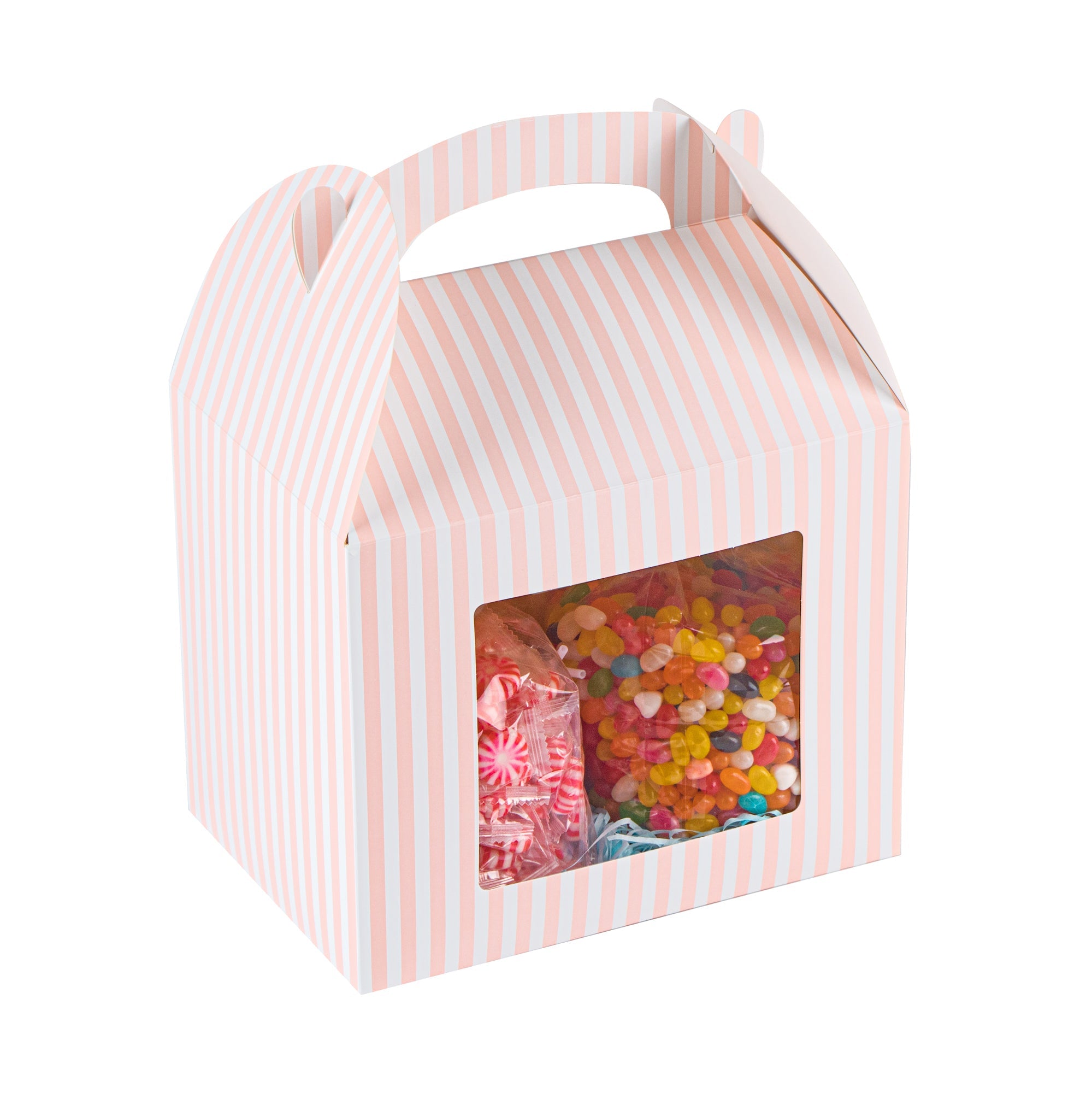 Bio Tek Pink and White Stripe Paper Gable Box / Take Out Container - with Window - 10" x 7" x 8" - 25 count box