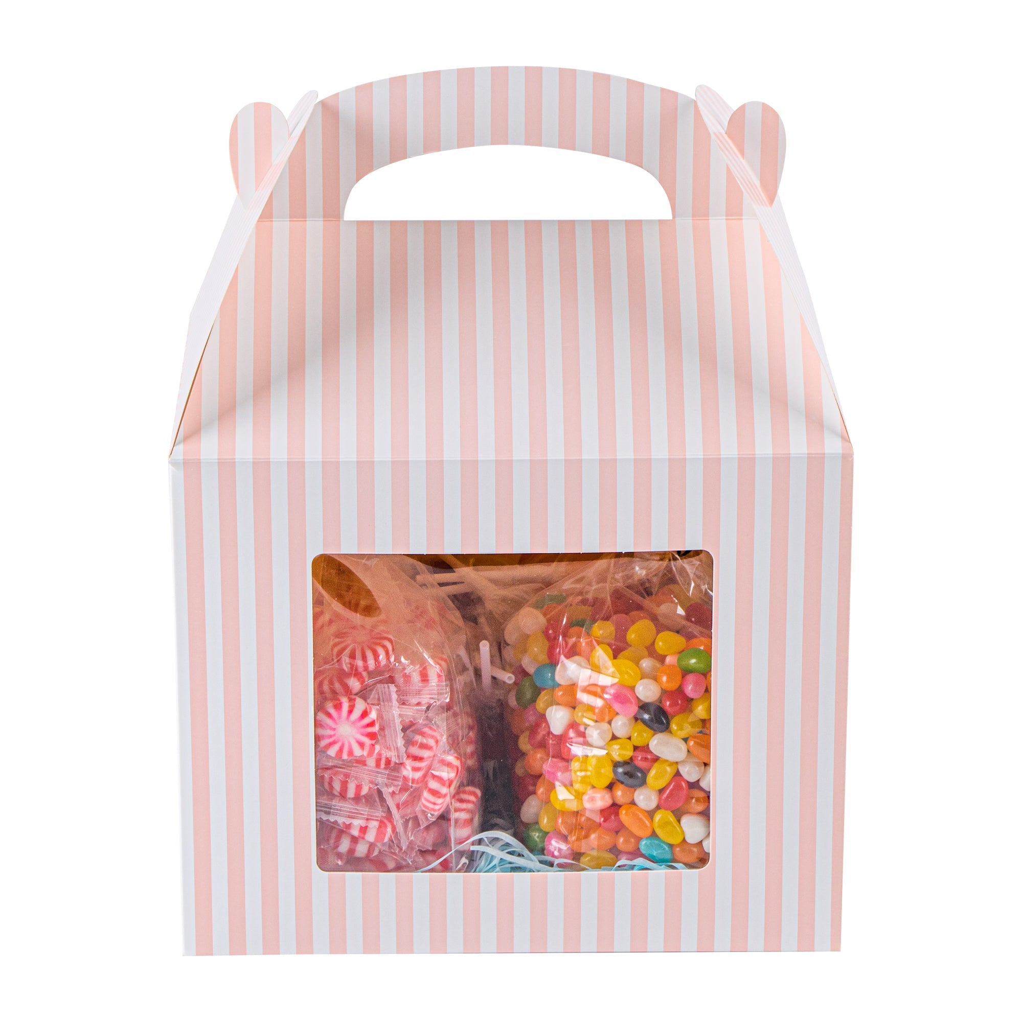 Bio Tek Pink and White Stripe Paper Gable Box / Take Out Container - with Window - 10" x 7" x 8" - 25 count box