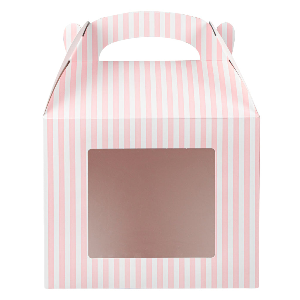 Bio Tek Pink and White Stripe Paper Gable Box / Take Out Container - with Window - 10" x 7" x 8" - 25 count box