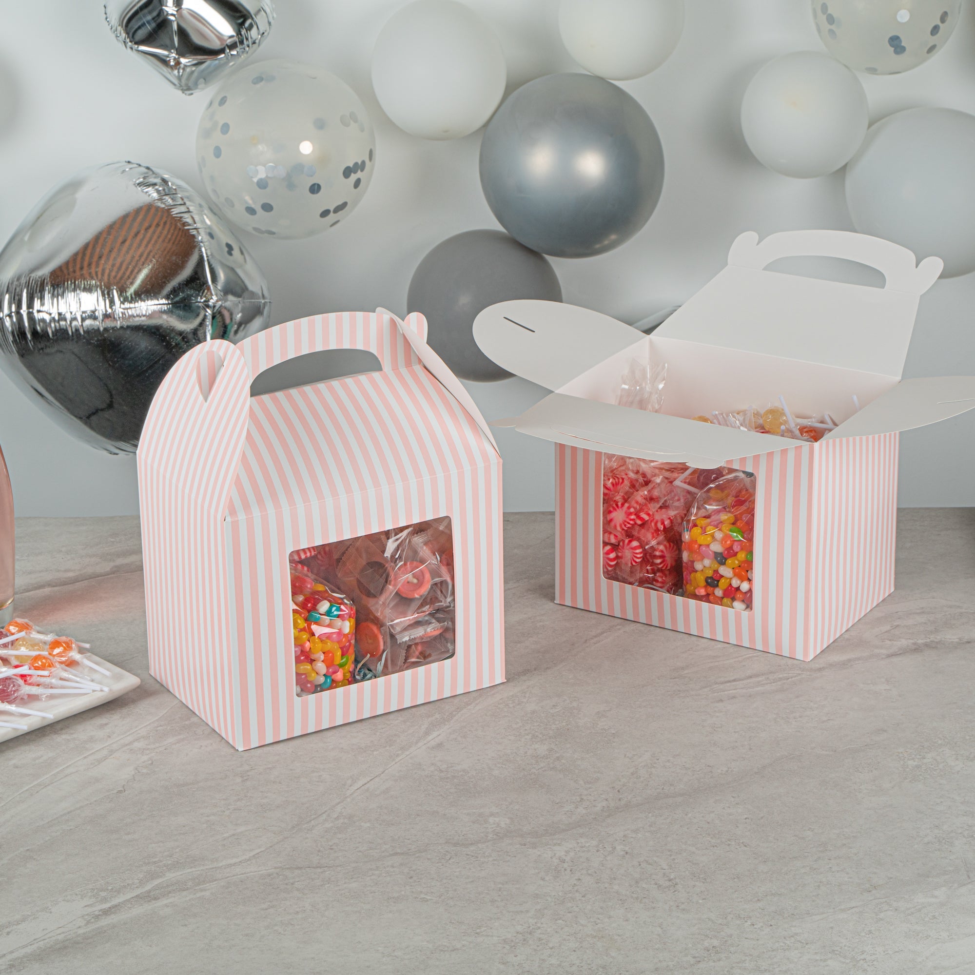 Bio Tek Pink and White Stripe Paper Gable Box / Take Out Container - with Window - 10" x 7" x 8" - 25 count box