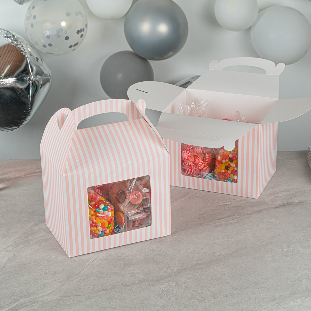 Bio Tek Pink and White Stripe Paper Gable Box / Take Out Container - with Window - 10" x 7" x 8" - 25 count box