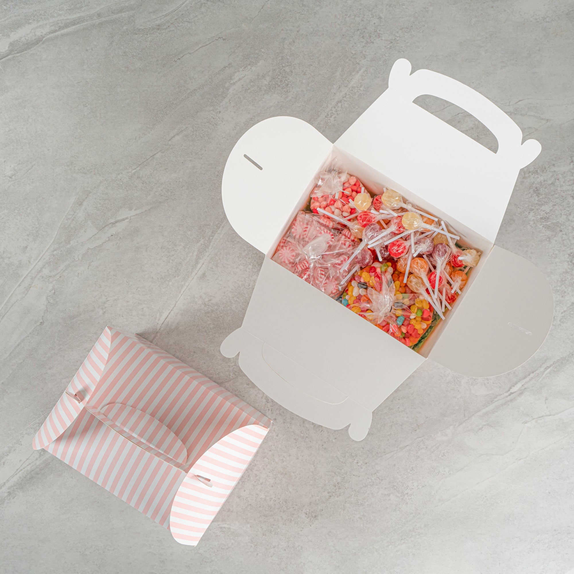 Bio Tek Pink and White Stripe Paper Gable Box / Take Out Container - with Window - 10" x 7" x 8" - 25 count box
