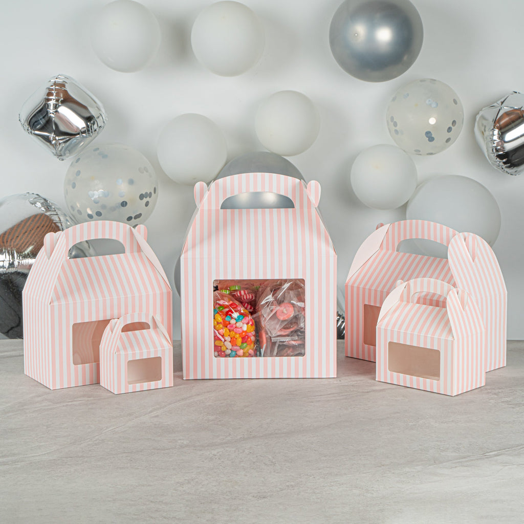 Bio Tek Pink and White Stripe Paper Gable Box / Take Out Container - with Window - 10" x 7" x 8" - 25 count box