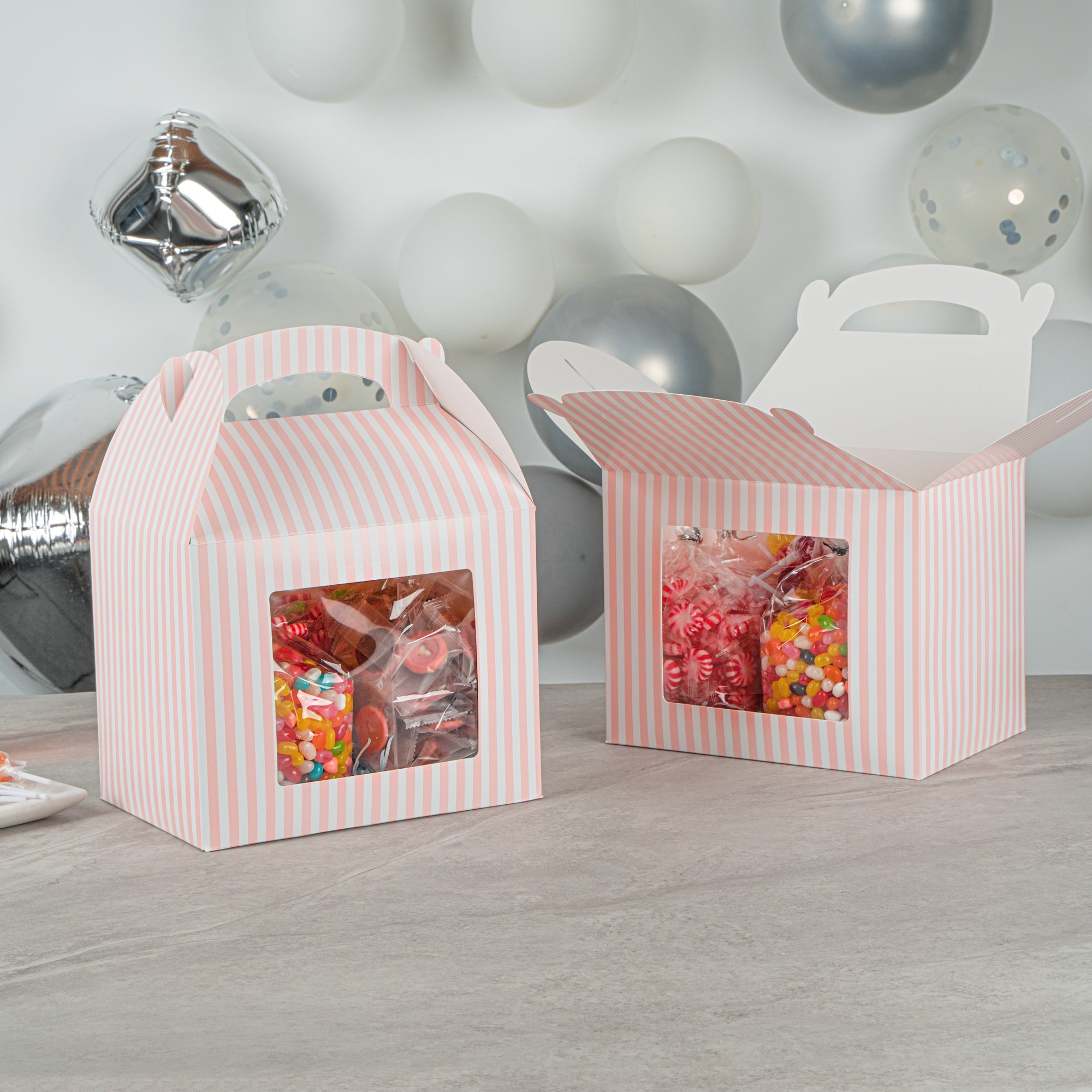 Bio Tek Pink and White Stripe Paper Gable Box / Take Out Container - with Window - 10" x 7" x 8" - 100 count box