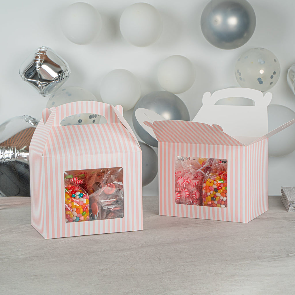 Bio Tek Pink and White Stripe Paper Gable Box / Take Out Container - with Window - 10" x 7" x 8" - 100 count box