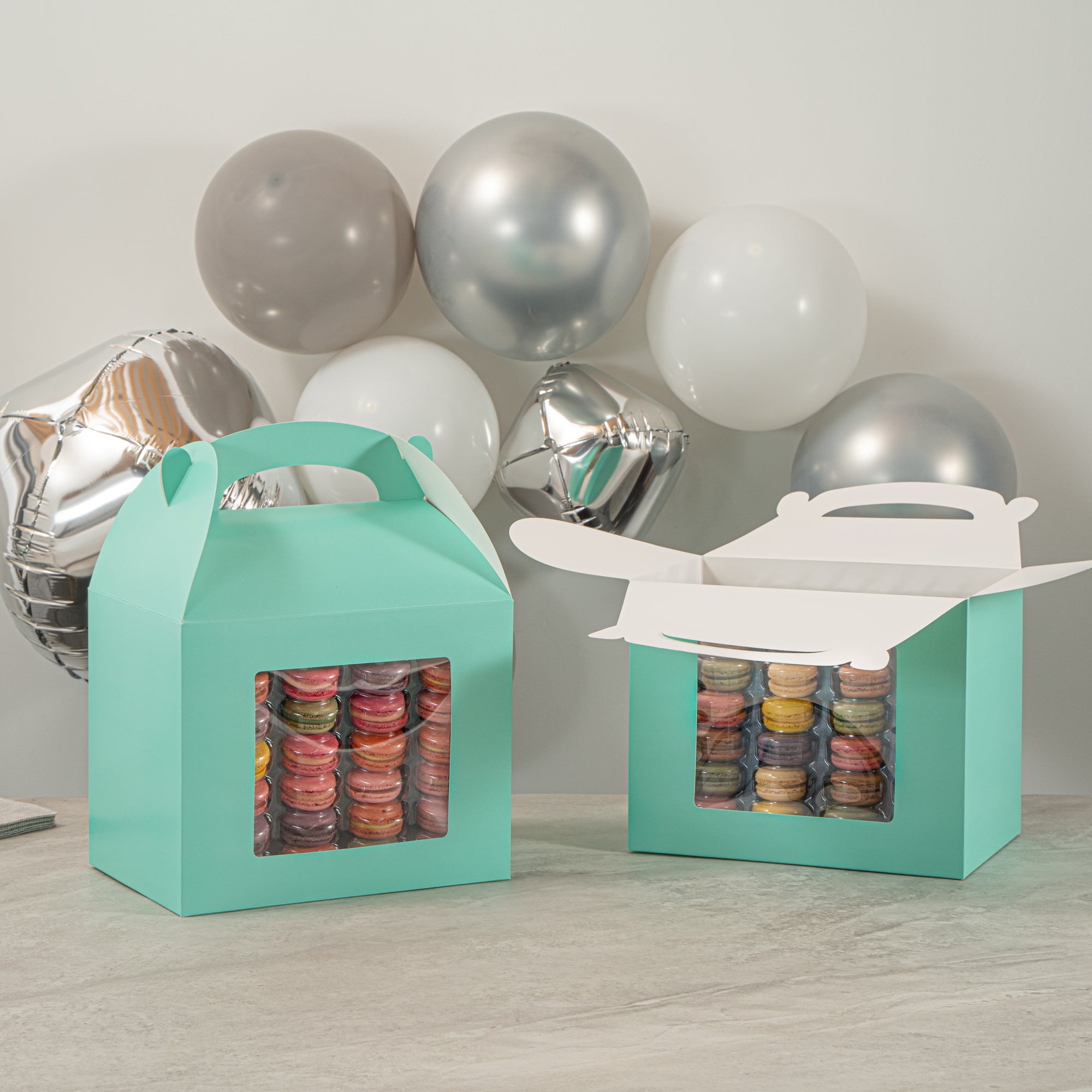 Bio Tek Turquoise Paper Gable Box / Take Out Container - Grease-Resistant, with Window - 10" x 7" x 8" - 100 count box
