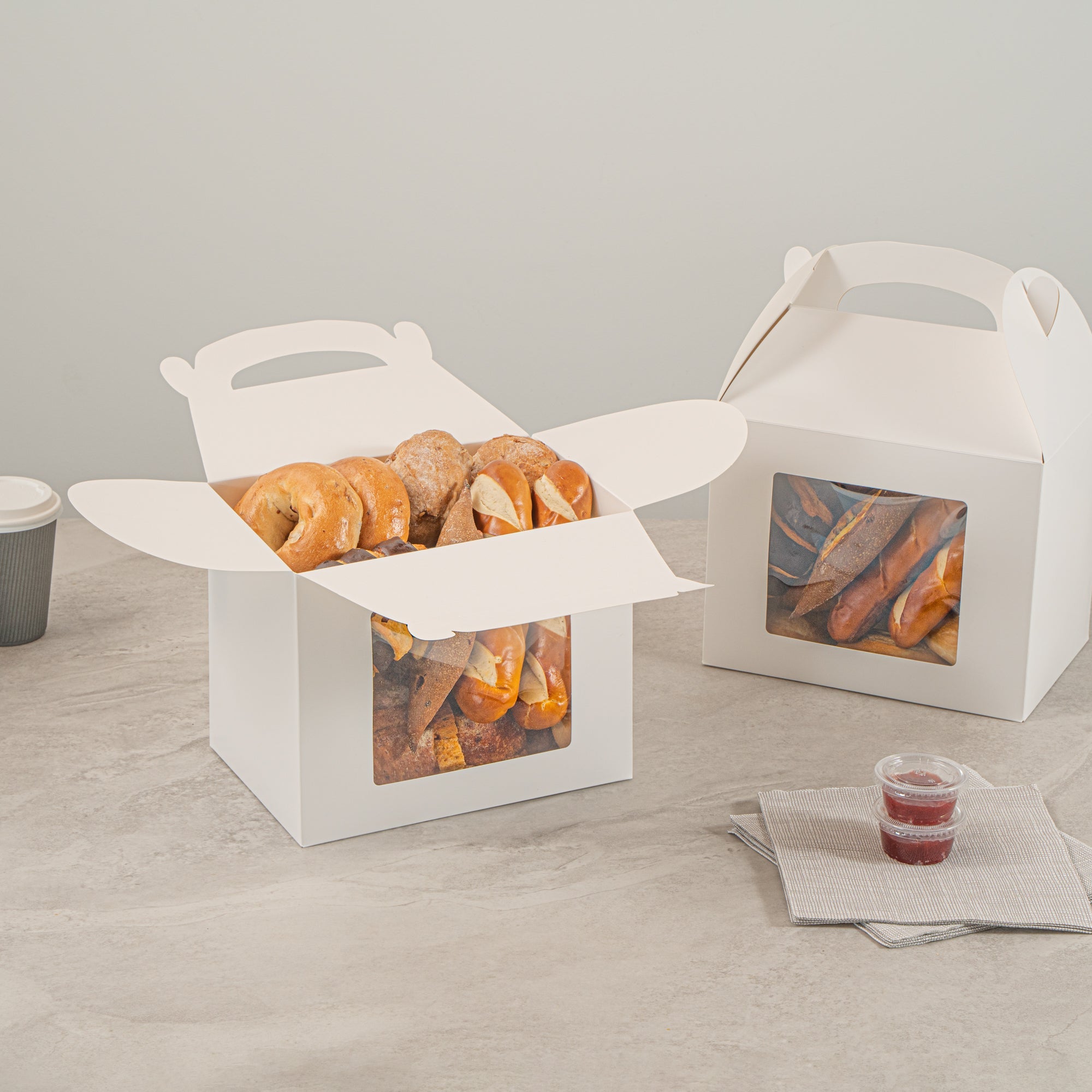 Bio Tek White Paper Gable Box / Take Out Container - Greaseproof, with Window - 10" x 7" x 8" - 25 count box
