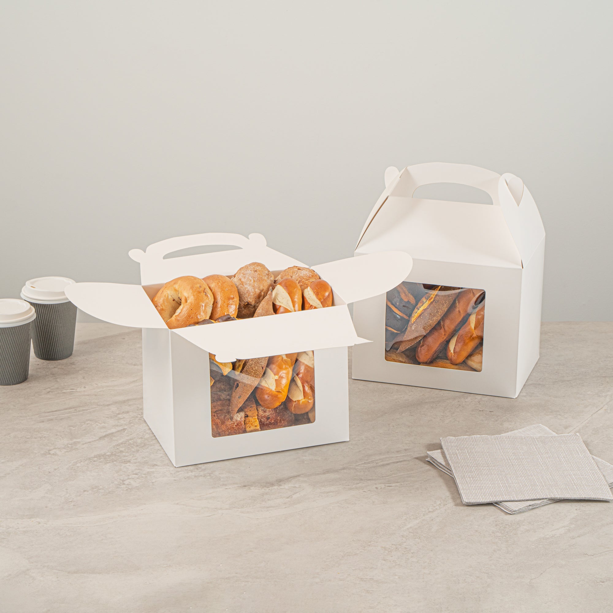 Bio Tek White Paper Gable Box / Take Out Container - Greaseproof, with Window - 10" x 7" x 8" - 25 count box