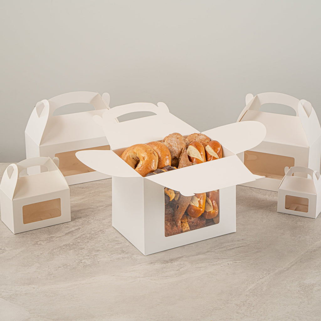 Bio Tek White Paper Gable Box / Take Out Container - Greaseproof, with Window - 10" x 7" x 8" - 25 count box