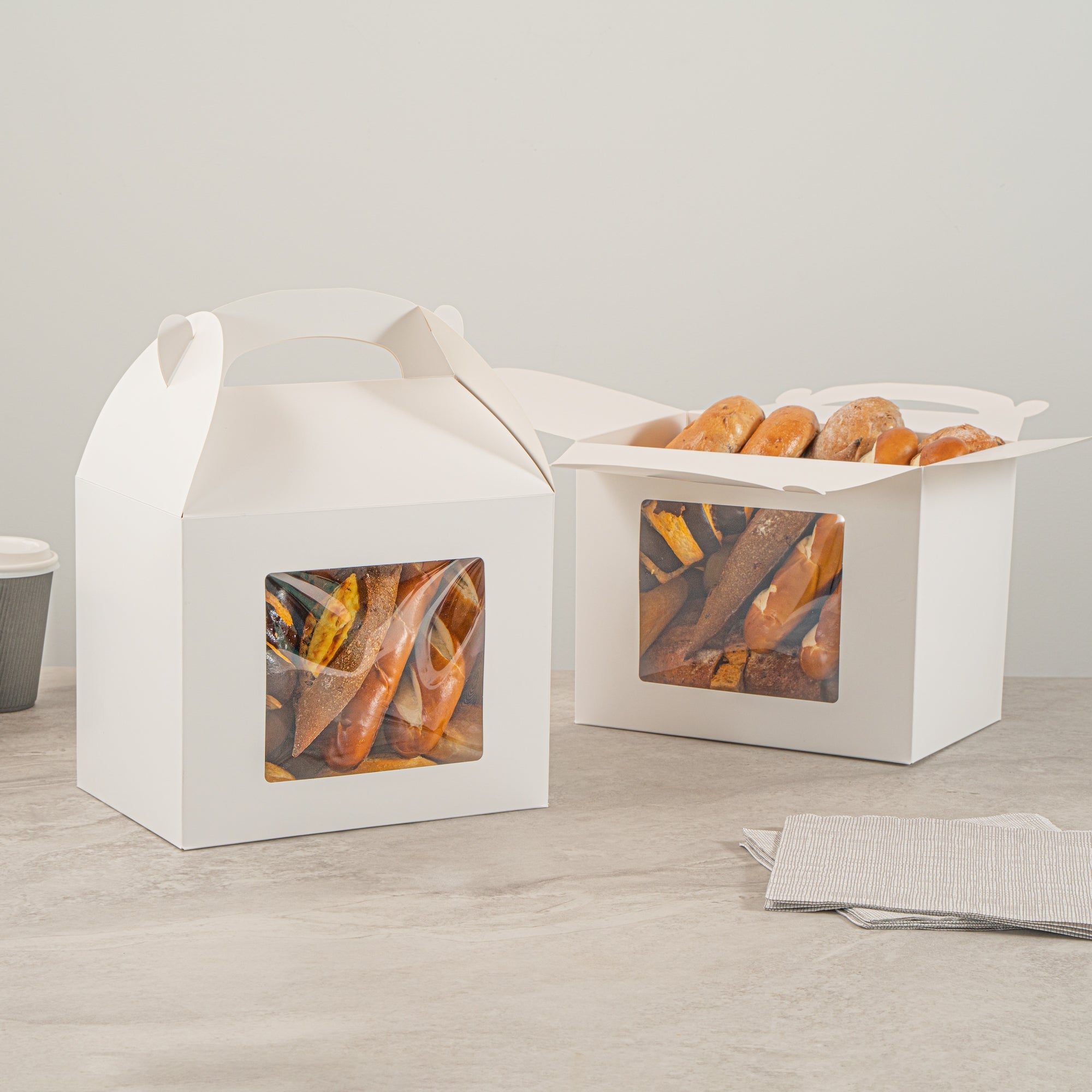 Bio Tek White Paper Gable Box / Take Out Container - Greaseproof, with Window - 10" x 7" x 8" - 100 count box