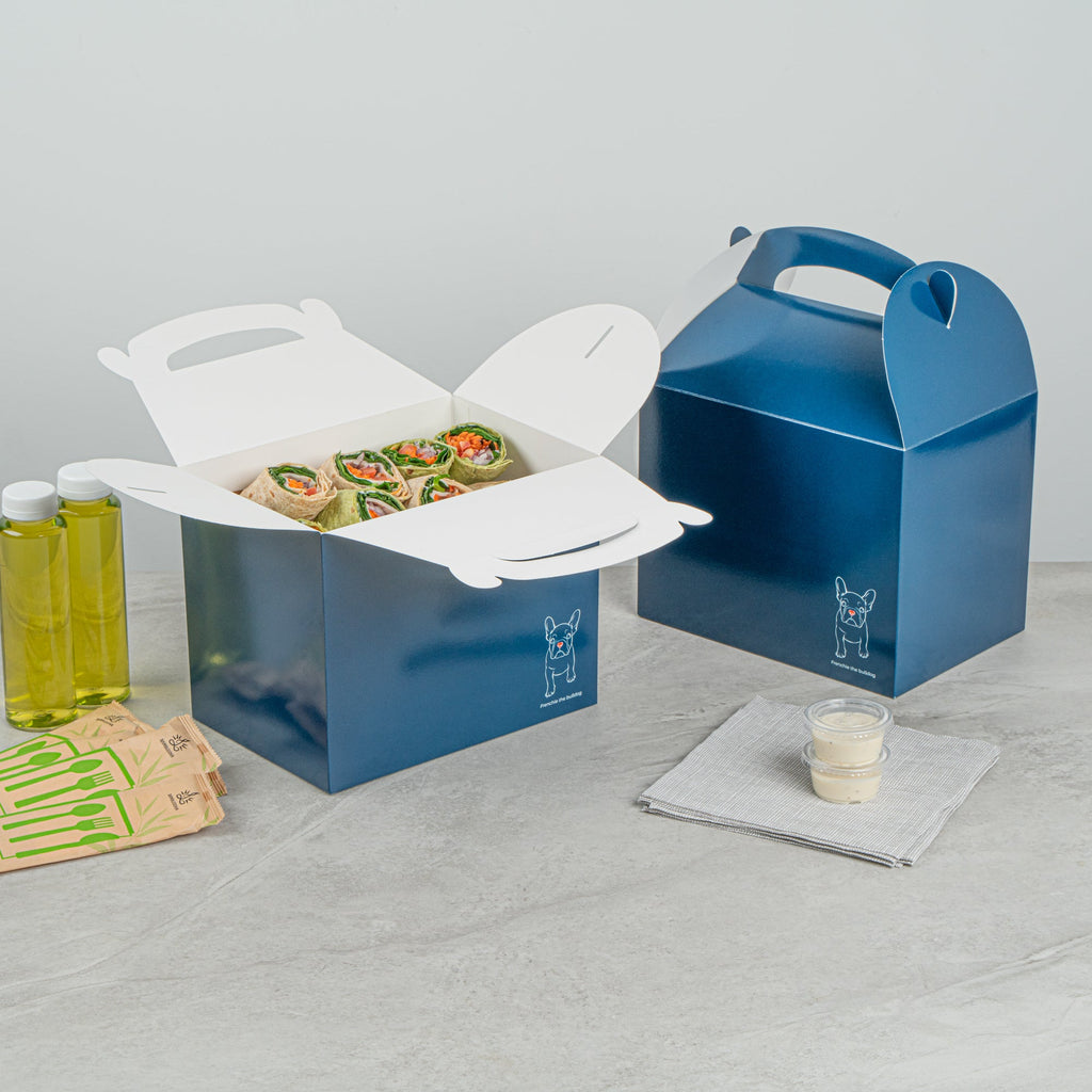 Bio Tek Frenchie Paper Gable Box / Take Out Container - Compostable - 10" x 7" x 8" - 25 count box