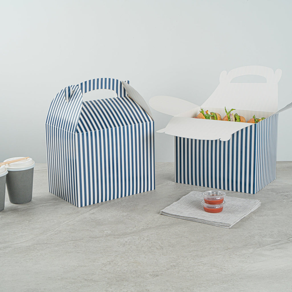 Bio Tek Blue and White Stripe Paper Gable Box / Take Out Container - Compostable - 10" x 7" x 8" - 25 count box