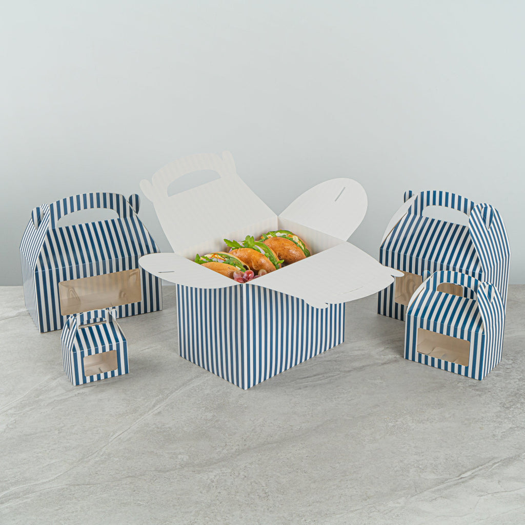 Bio Tek Blue and White Stripe Paper Gable Box / Take Out Container - Compostable - 10" x 7" x 8" - 25 count box