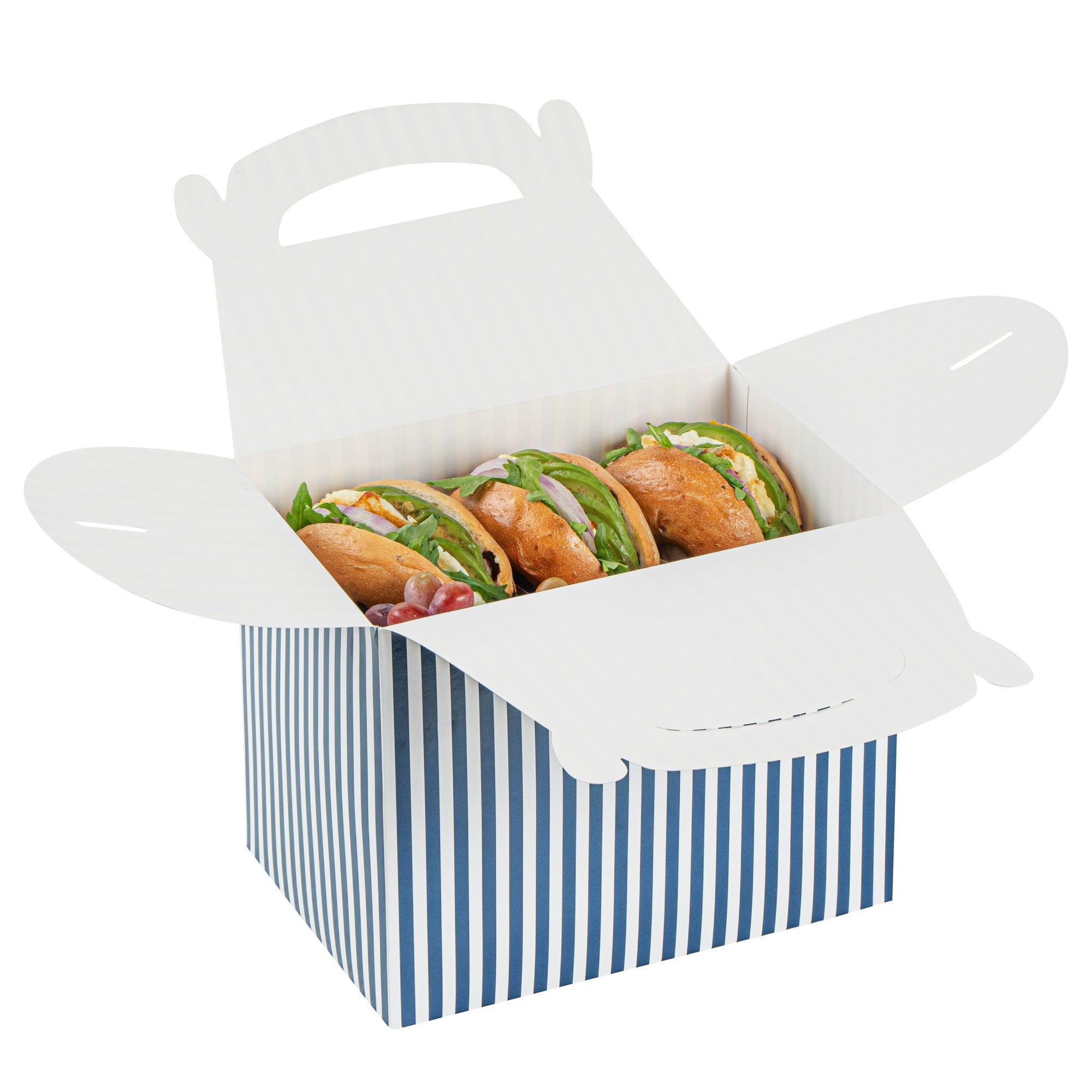 Bio Tek Blue and White Stripe Paper Gable Box / Take Out Container - Compostable - 10" x 7" x 8" - 100 count box