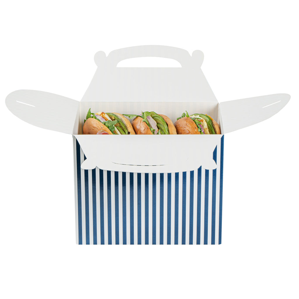 Bio Tek Blue and White Stripe Paper Gable Box / Take Out Container - Compostable - 10" x 7" x 8" - 100 count box