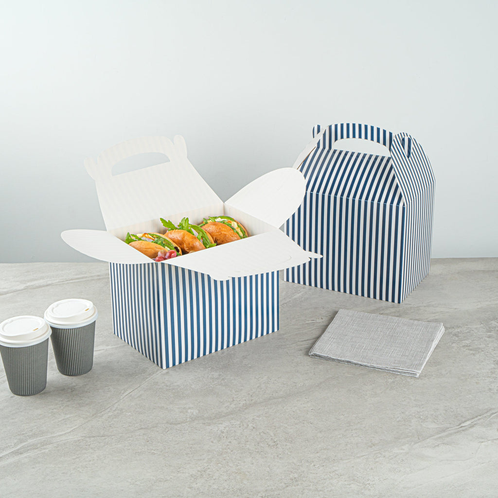 Bio Tek Blue and White Stripe Paper Gable Box / Take Out Container - Compostable - 10" x 7" x 8" - 100 count box