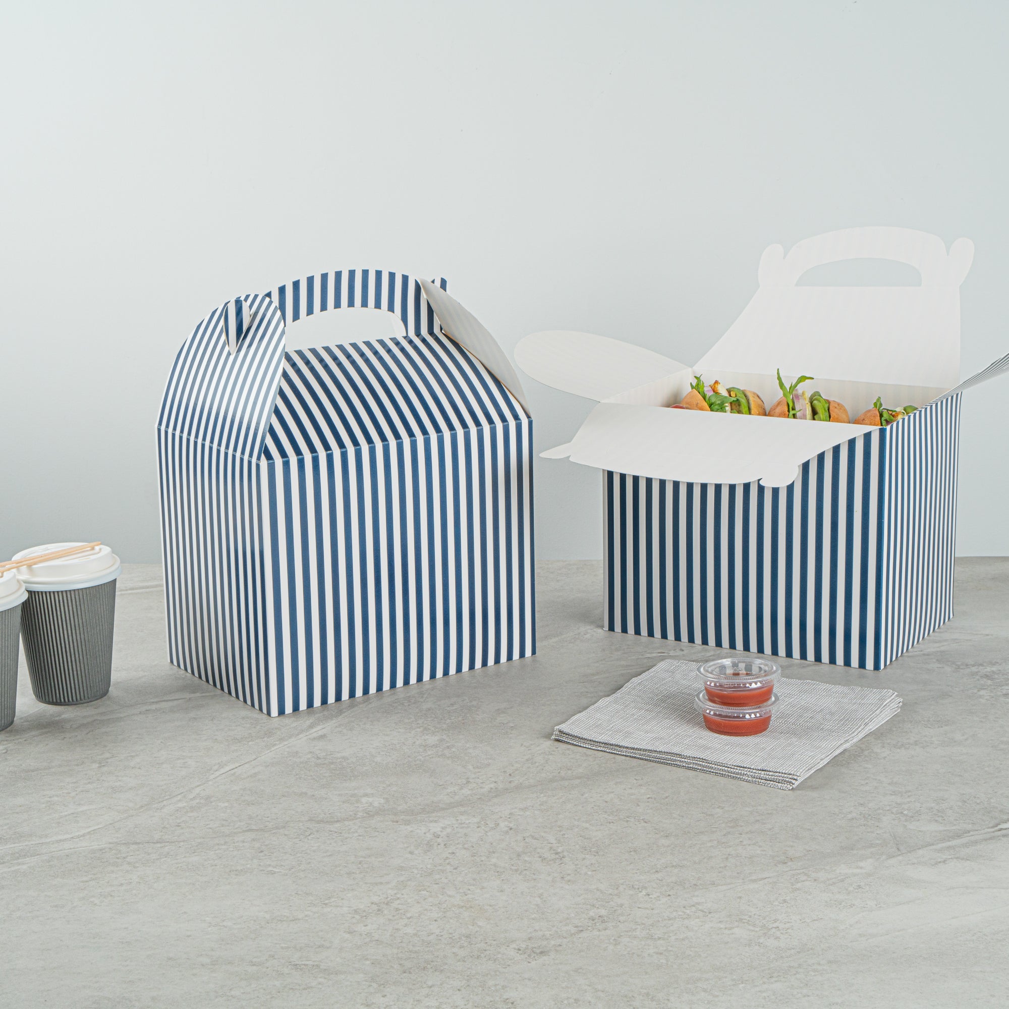 Bio Tek Blue and White Stripe Paper Gable Box / Take Out Container - Compostable - 10" x 7" x 8" - 100 count box