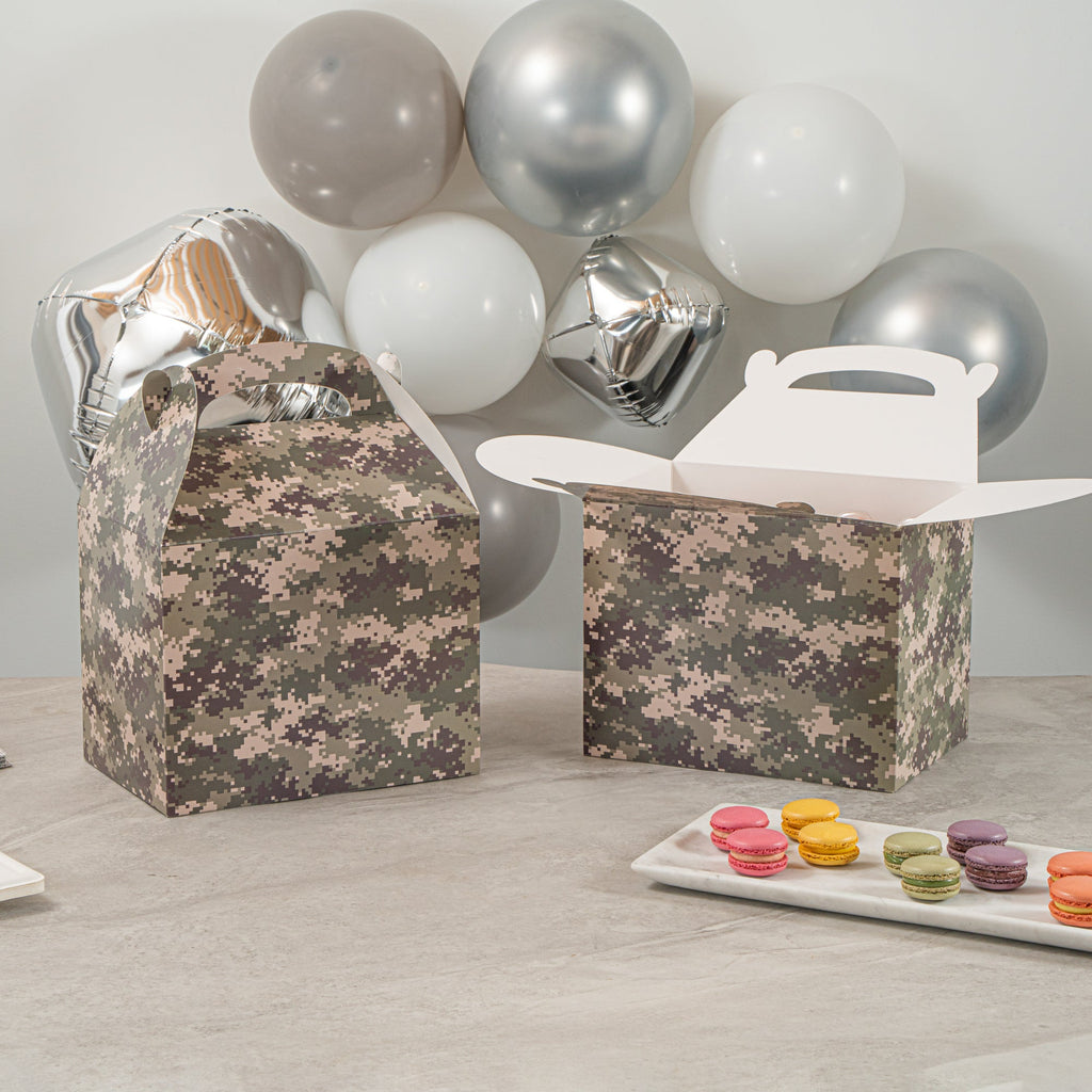 Bio Tek Camouflage Paper Gable Box / Take Out Container - Compostable - 10" x 7" x 8" - 25 count box