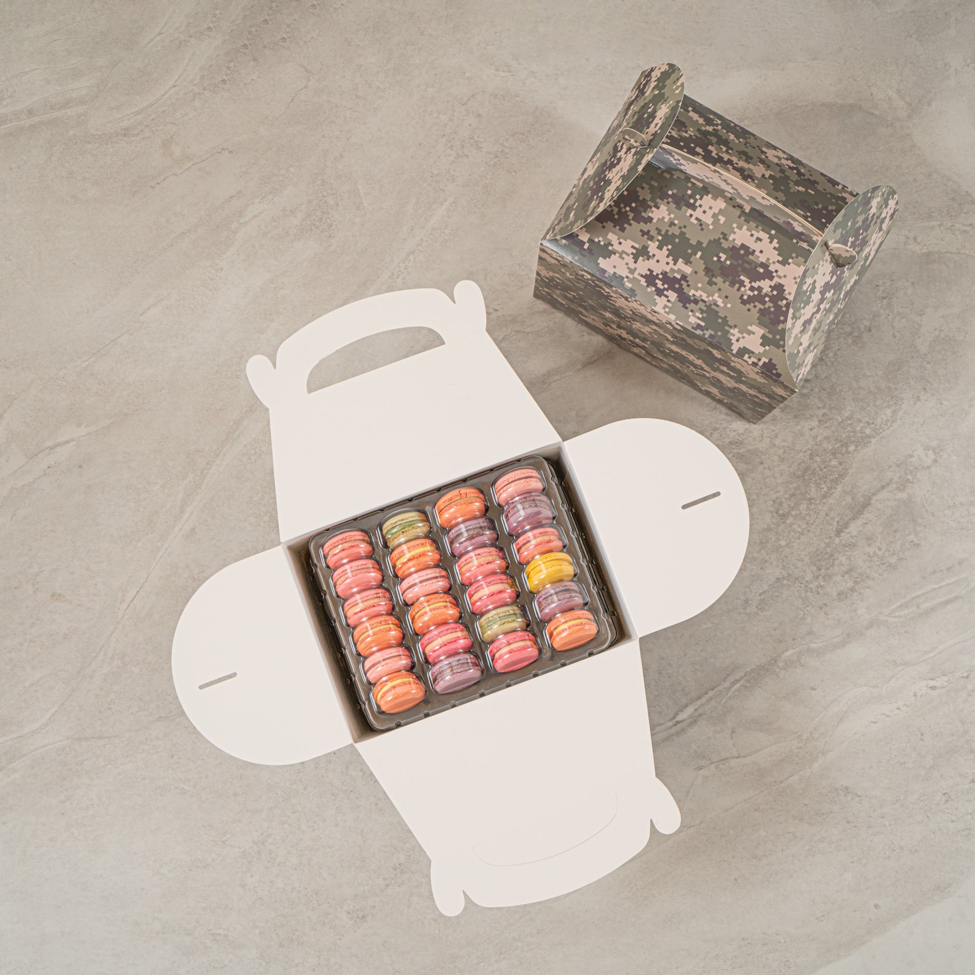Bio Tek Camouflage Paper Gable Box / Take Out Container - Compostable - 10" x 7" x 8" - 25 count box