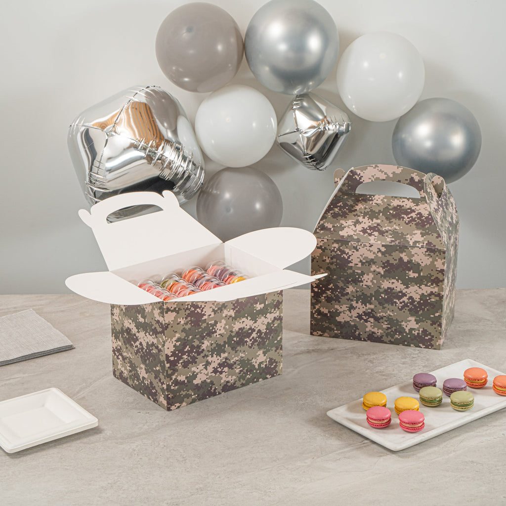 Bio Tek Camouflage Paper Gable Box / Take Out Container - Compostable - 10" x 7" x 8" - 100 count box