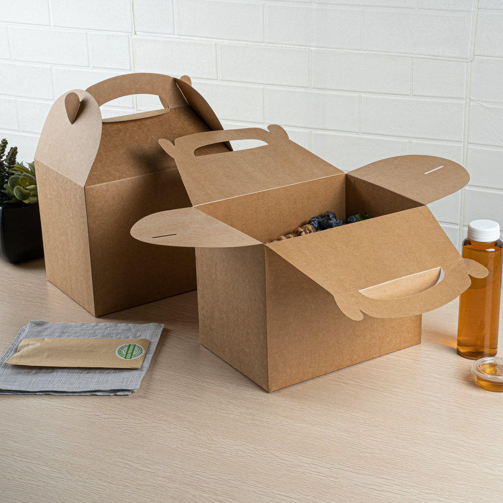 Bio Tek Kraft Paper Gable Box / Take Out Container - Greaseproof - 10" x 7" x 8" - 25 count box