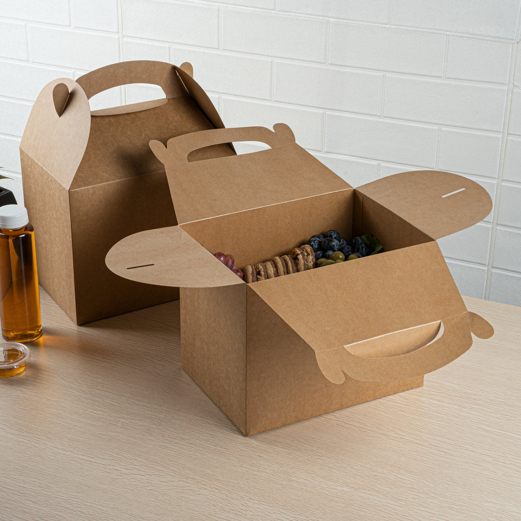 Bio Tek Kraft Paper Gable Box / Take Out Container - Greaseproof - 10" x 7" x 8" - 100 count box
