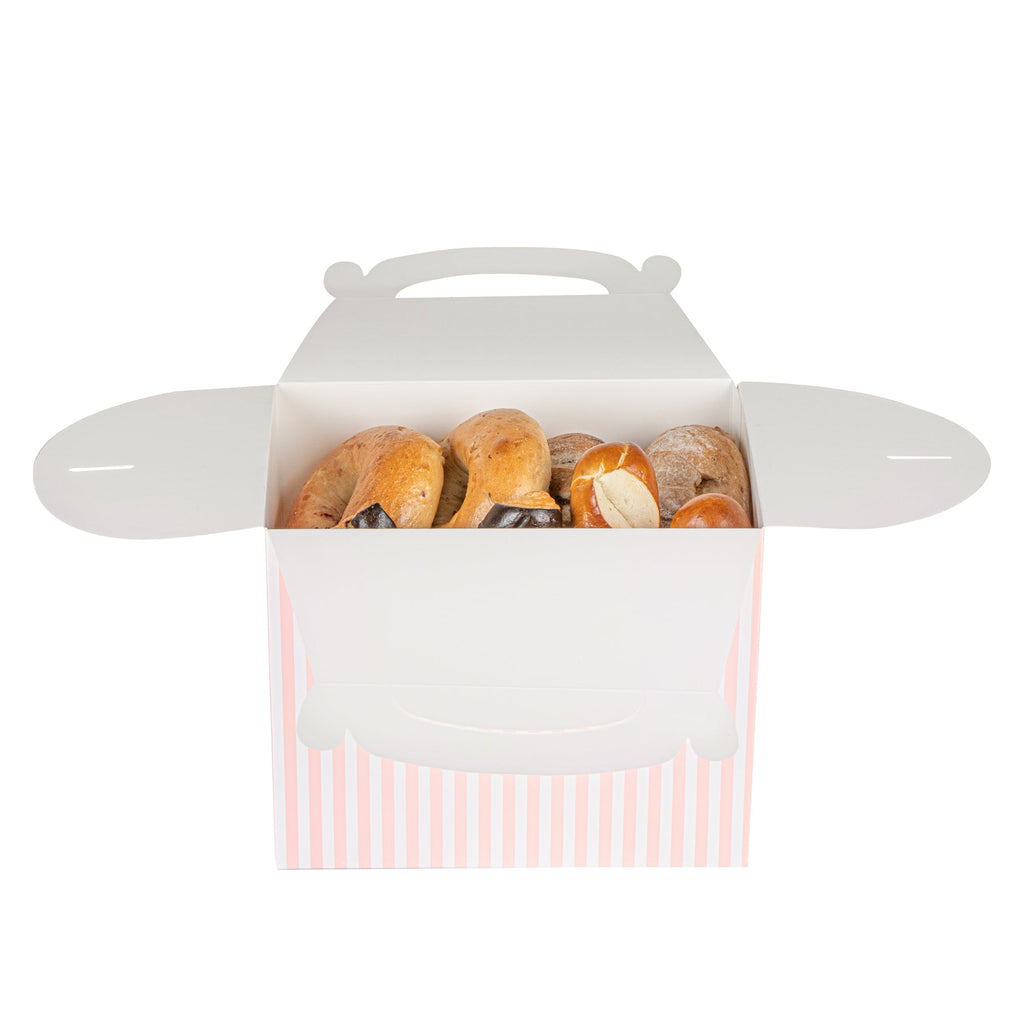 Bio Tek Pink and White Stripe Paper Gable Box / Take Out Container - Compostable - 10" x 7" x 8" - 25 count box