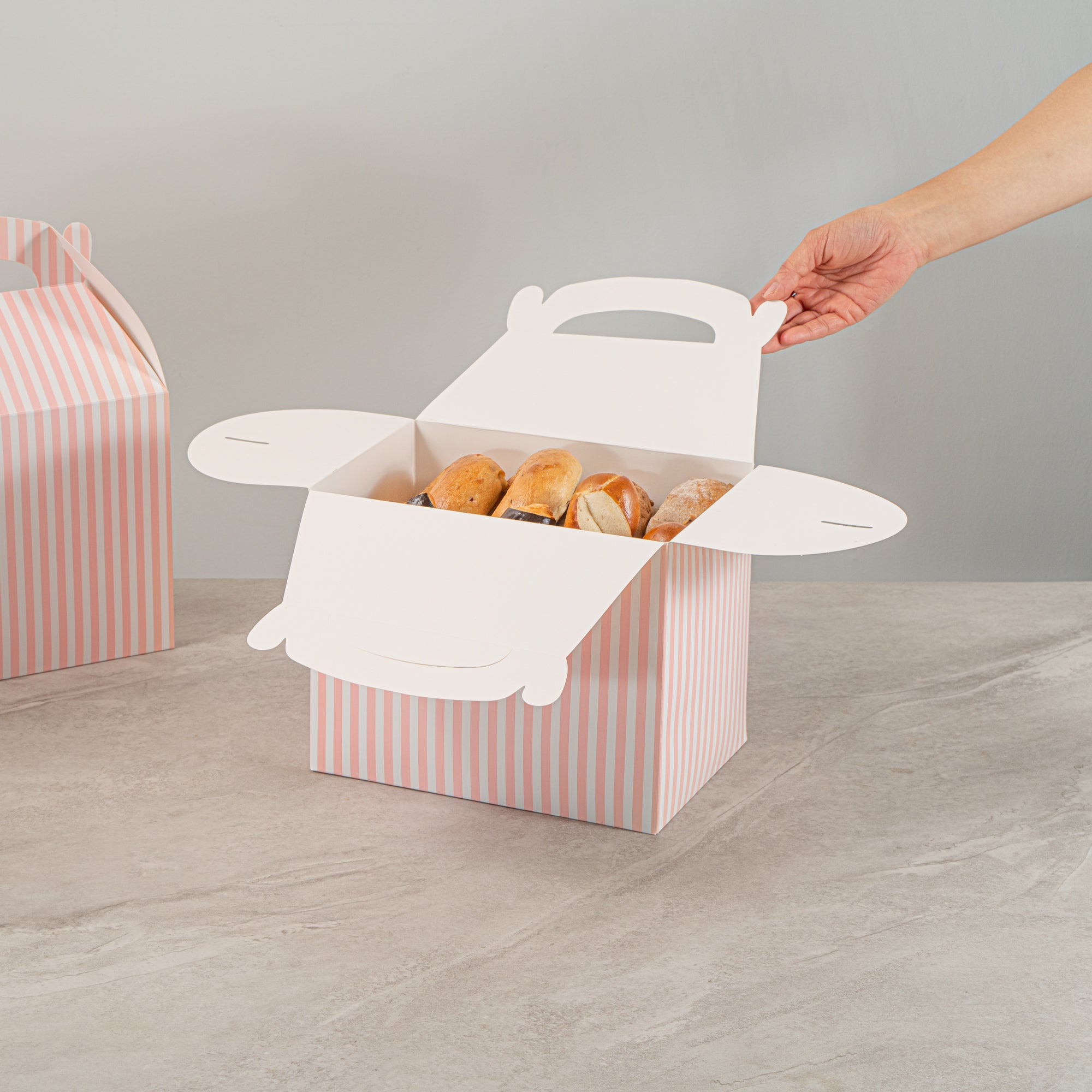 Bio Tek Pink and White Stripe Paper Gable Box / Take Out Container - Compostable - 10" x 7" x 8" - 25 count box