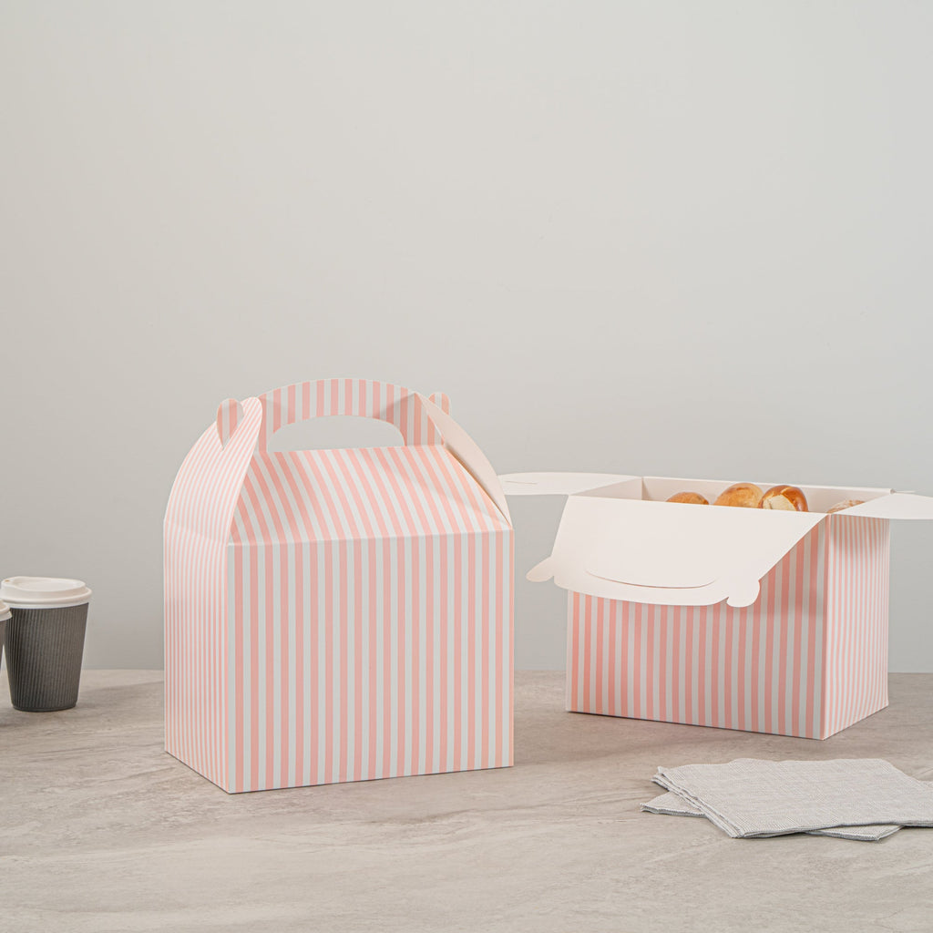 Bio Tek Pink and White Stripe Paper Gable Box / Take Out Container - Compostable - 10" x 7" x 8" - 25 count box