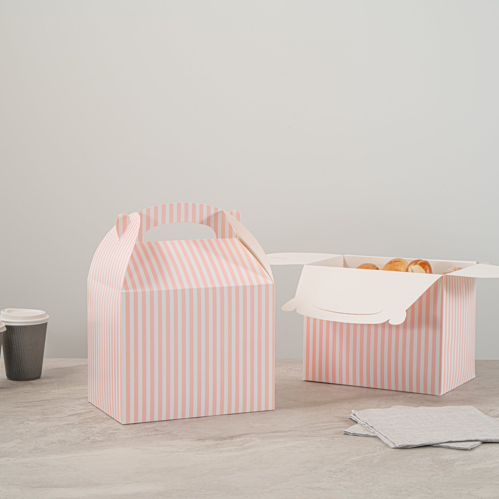 Bio Tek Pink and White Stripe Paper Gable Box / Take Out Container - Compostable - 10" x 7" x 8" - 25 count box