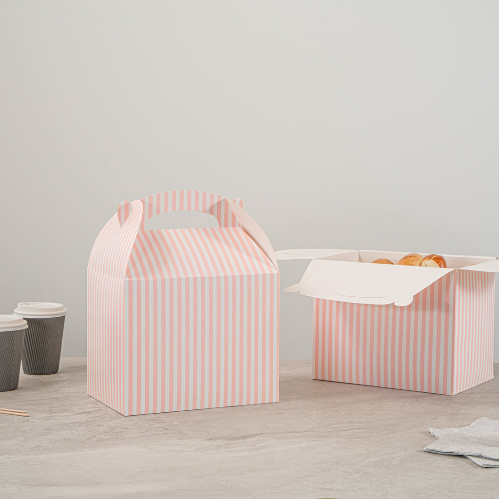 Bio Tek Pink and White Stripe Paper Gable Box / Take Out Container - Compostable - 10" x 7" x 8" - 25 count box