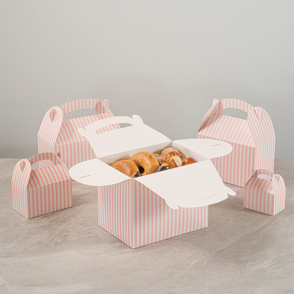Bio Tek Pink and White Stripe Paper Gable Box / Take Out Container - Compostable - 10" x 7" x 8" - 25 count box