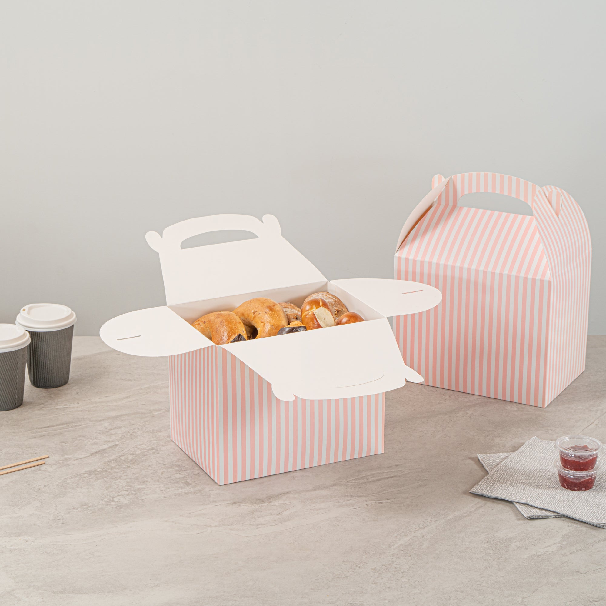 Bio Tek Pink and White Stripe Paper Gable Box / Take Out Container - Compostable - 10" x 7" x 8" - 100 count box