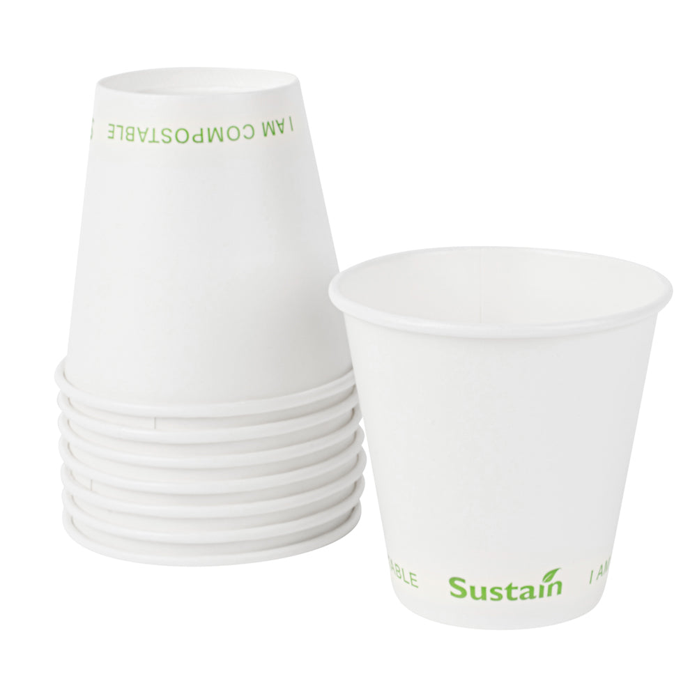 Sustain 9 oz White Paper Cold Cup - PLA Lining, Compostable - 3 1/2" x 3 1/2" x 3 1/4" - 50 count box