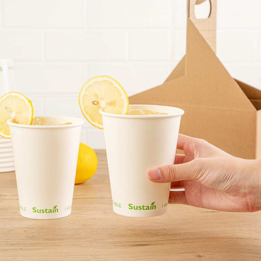 Sustain 12 oz White Paper Cold Cup - PLA Lining, Compostable - 3 1/2" x 3 1/2" x 4 1/4" - 1000 count box