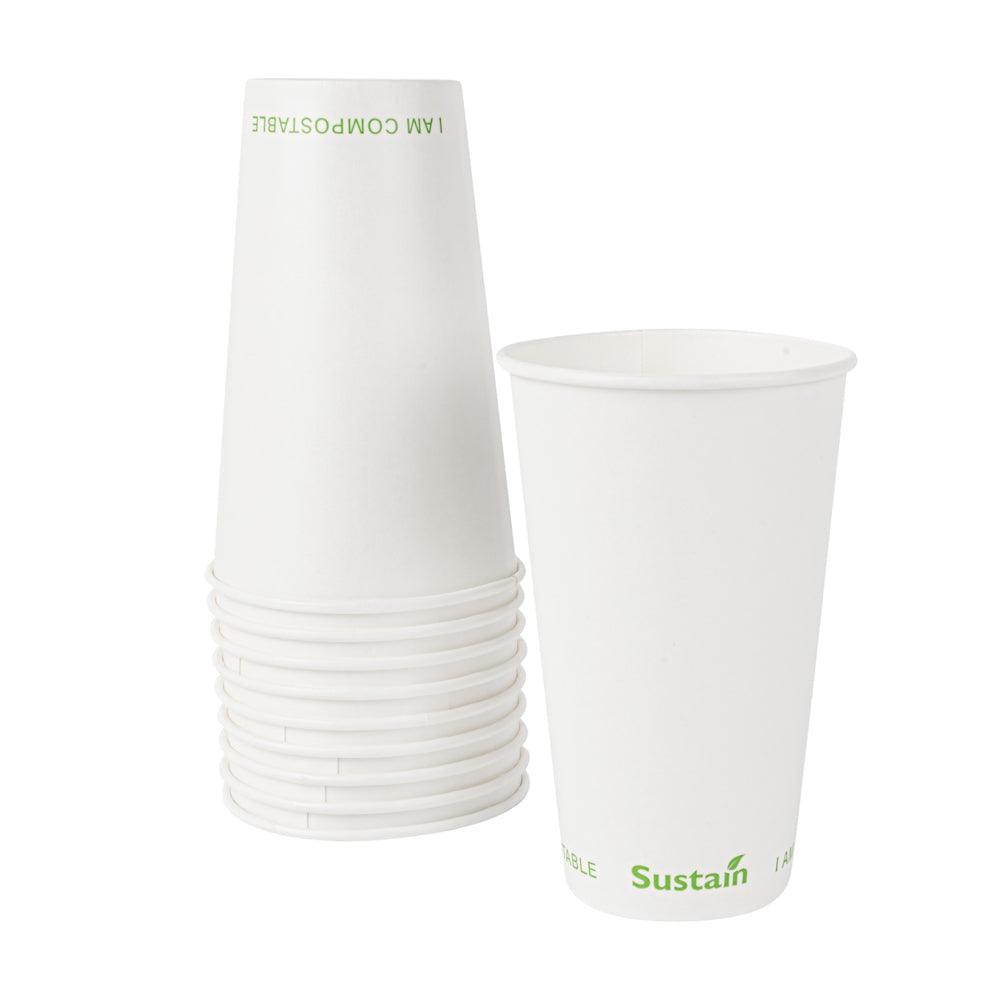 Sustain 16 oz White Paper Cold Cup - PLA Lining, Compostable - 3 1/2" x 3 1/2" x 5 1/2" - 50 count box