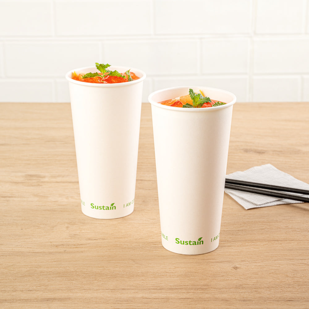 Sustain 20 oz White Paper Cold Cup - PLA Lining, Compostable - 3 1/2" x 3 1/2" x 6 1/4" - 50 count box