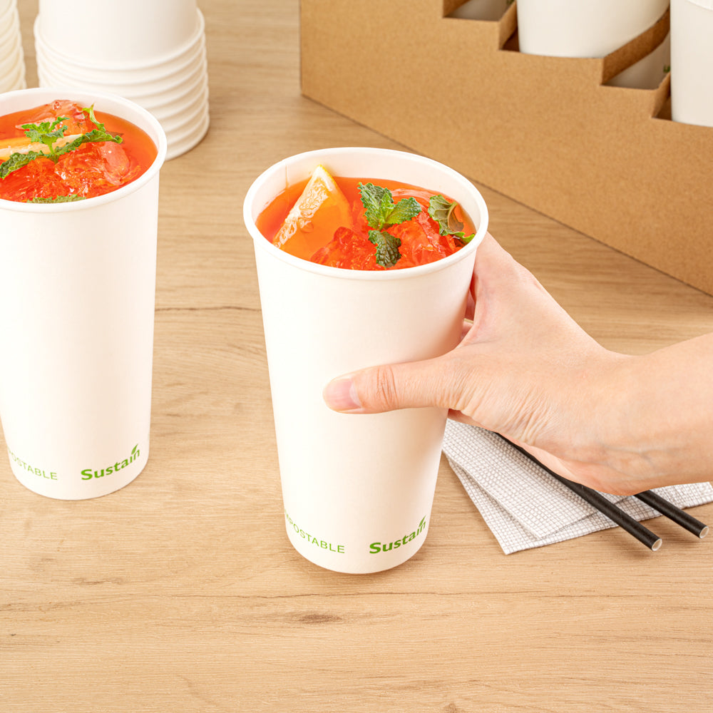 Sustain 20 oz White Paper Cold Cup - PLA Lining, Compostable - 3 1/2" x 3 1/2" x 6 1/4" - 50 count box