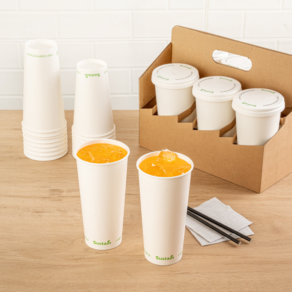 Sustain 22 oz White Paper Cold Cup - PLA Lining, Compostable - 3 1/2" x 3 1/2" x 6 3/4" - 1000 count box