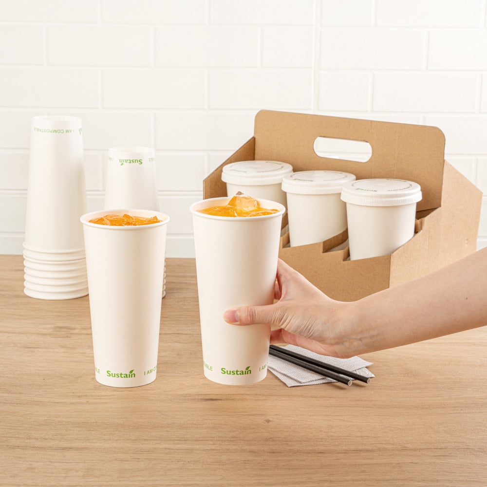 Sustain 22 oz White Paper Cold Cup - PLA Lining, Compostable - 3 1/2" x 3 1/2" x 6 3/4" - 50 count box