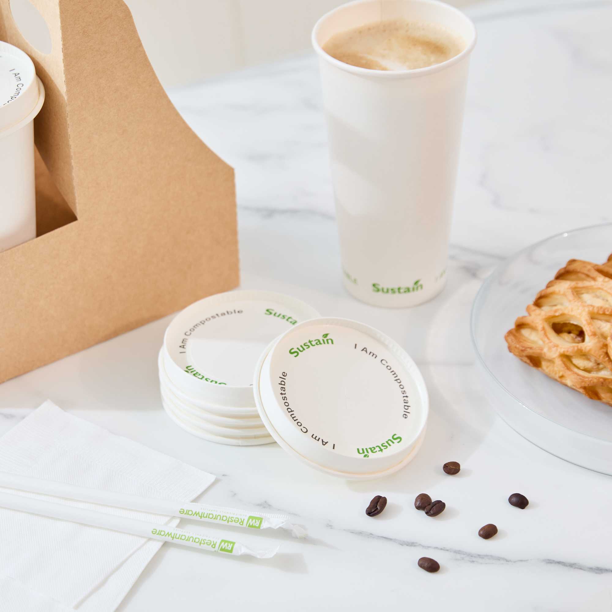 Sustain White Paper Cold Cup Flat Lid - Fits 9, 12, 16, 20 and 22 oz, PLA Lining, Compostable - 50 count box