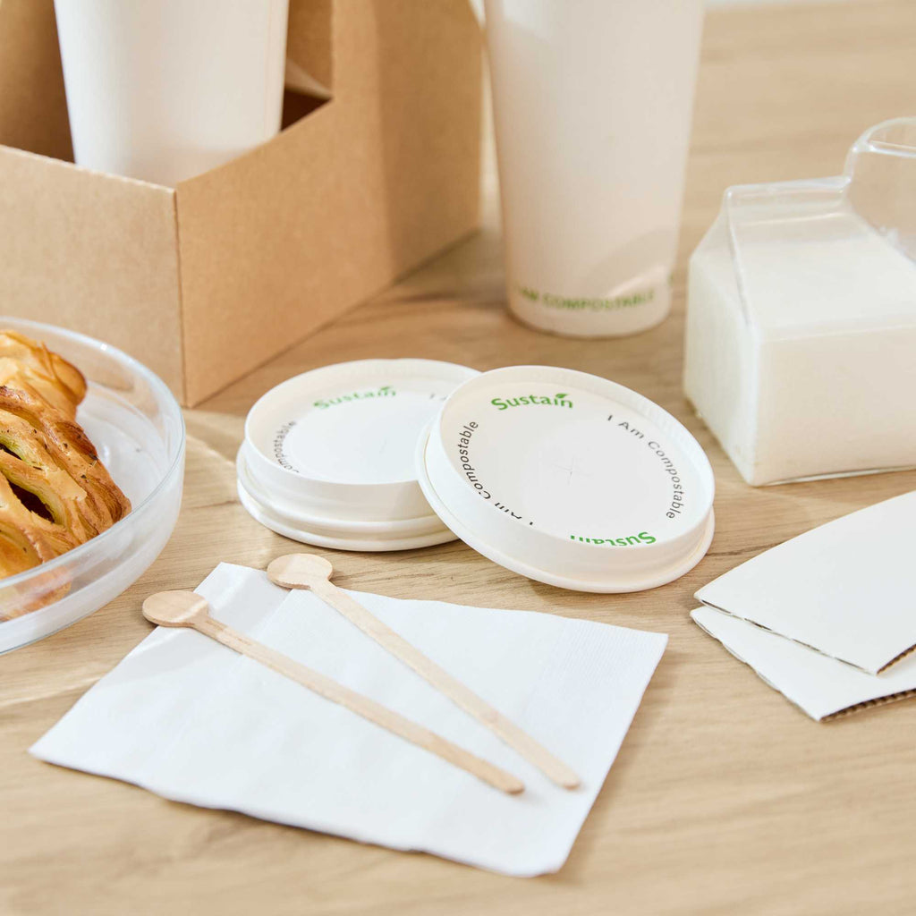 Sustain White Paper Cold Cup Flat Lid - Fits 9, 12, 16, 20 and 22 oz, PLA Lining, Compostable - 50 count box